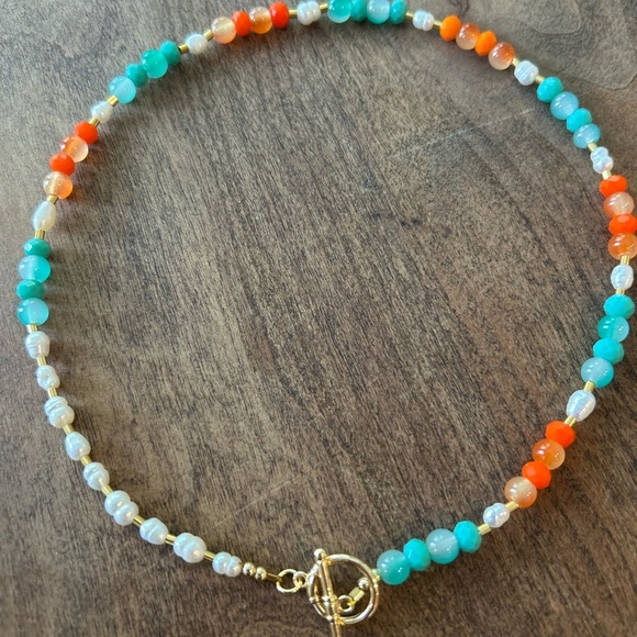 Miami Dolphins Orange and Turquoise with freshwater pearls Beaded Necklace - Picture 1 of 3